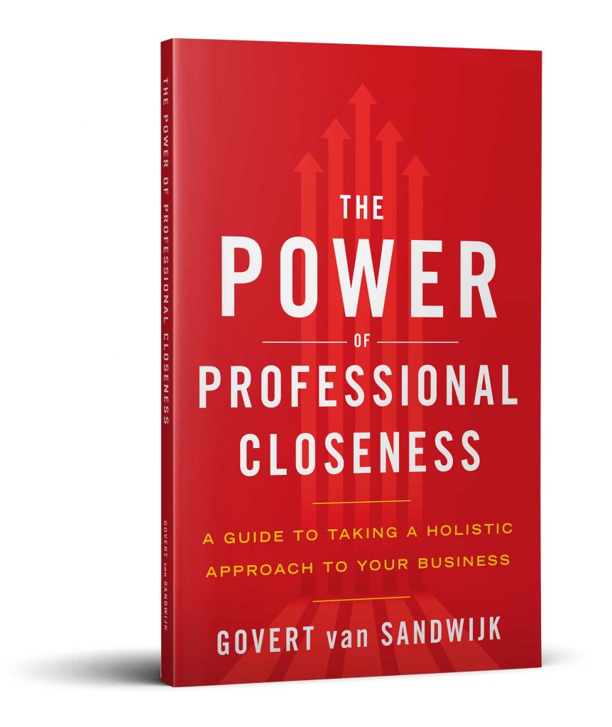 Book mockup of a red book with white letters, representing the Power of Professional Closeness